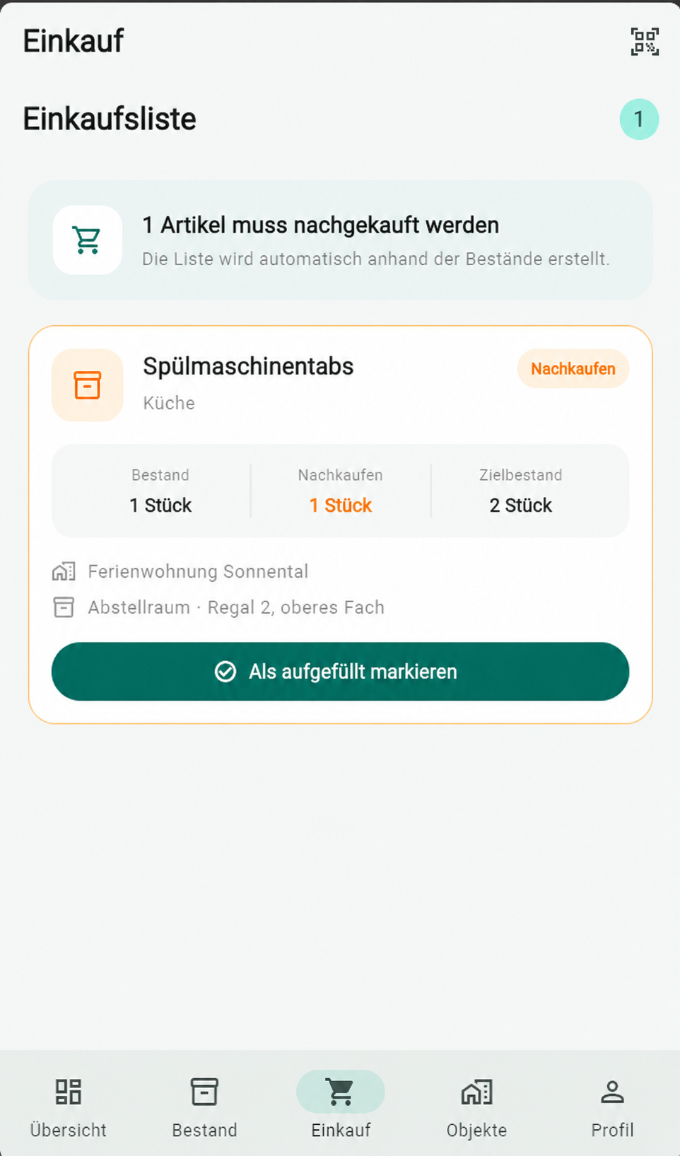 Automatische Einkaufsliste in Vorraty